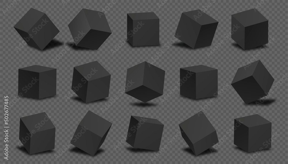 Blocks 3d modeling black. Collection of graphic elements for games and animations. Geometric