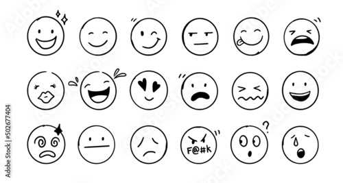Doodle Emoji face icon set. Hand drawn sketch style. Emoji with different emotion mood, happy, sad, smile face. Comic line art vector illustration.