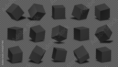 Blocks 3d modeling black. Collection of graphic elements for games and animations. Geometric shapes with shadows set. Isometric realistic vector illustrations isolated on transparent backgrond