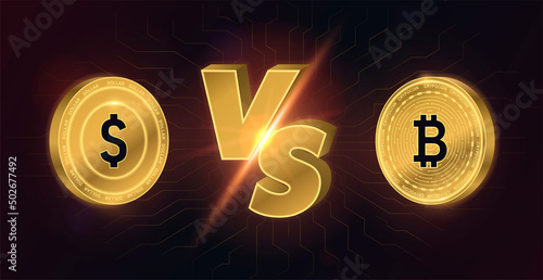 Bitcoin vs dollar. Cryptocurrency and funds for investment. Financial literacy, blockchain, modern technologies and innovations. Poster or banner for website. Cartoon isometric vector illustration