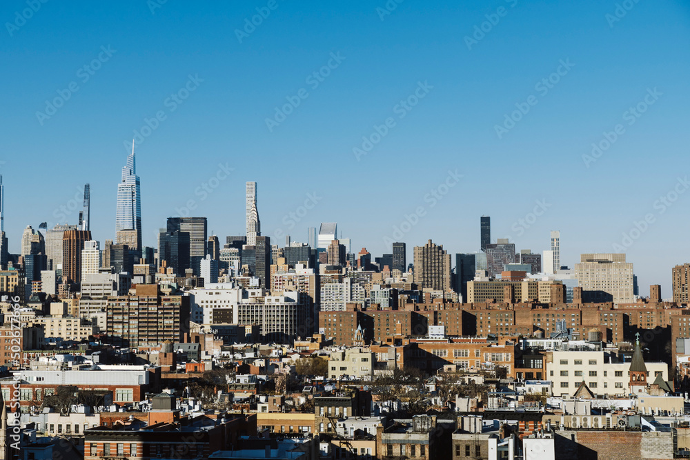 View from East Village to Kips Bay and Midtown East buildings. Skyline of East side of Manhattan