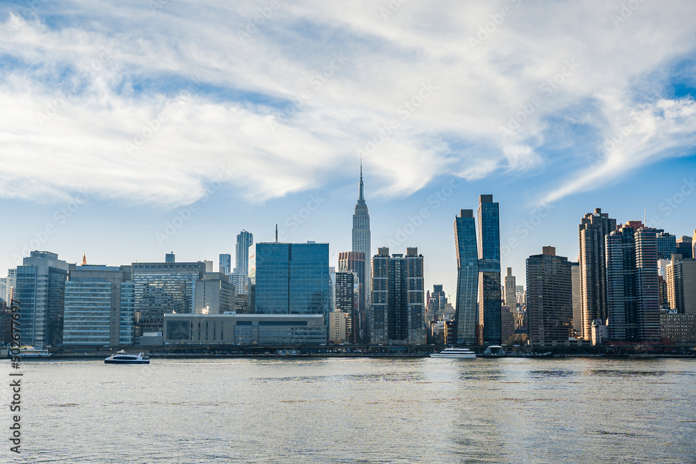 Fototapeta premium View from from Roosevelt Island to Midtown East buildings. Skyline of East side of Manhattan