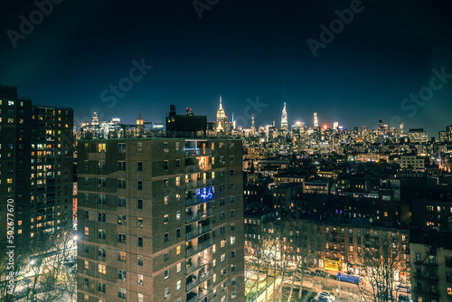 View from Alphabet City to Midtown Manhattan in NYC at night. Skyline of East side of Manhattan