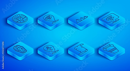Set line Egyptian pharaoh, Eye of Horus, pyramids, Cross ankh, Papyrus scroll, mummy in sarcophagus and vase icon. Vector