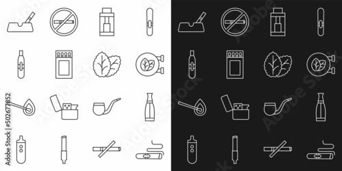 Set line Cigar, Vape liquid bottle, Tobacco leaf shop, mod device, Matchbox and matches, Electronic cigarette, Ashtray with and icon. Vector