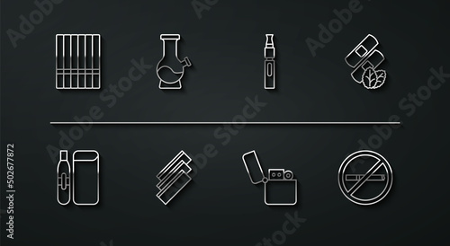Set line Cigarette, Electronic cigarette, Medical nicotine patches, Lighter, rolling papers, Bong, No smoking and icon. Vector