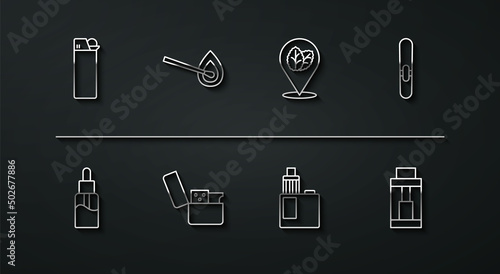 Set line Lighter, Vape liquid bottle, Cigar, mod device, Burning match with fire, and Tobacco leaf icon. Vector