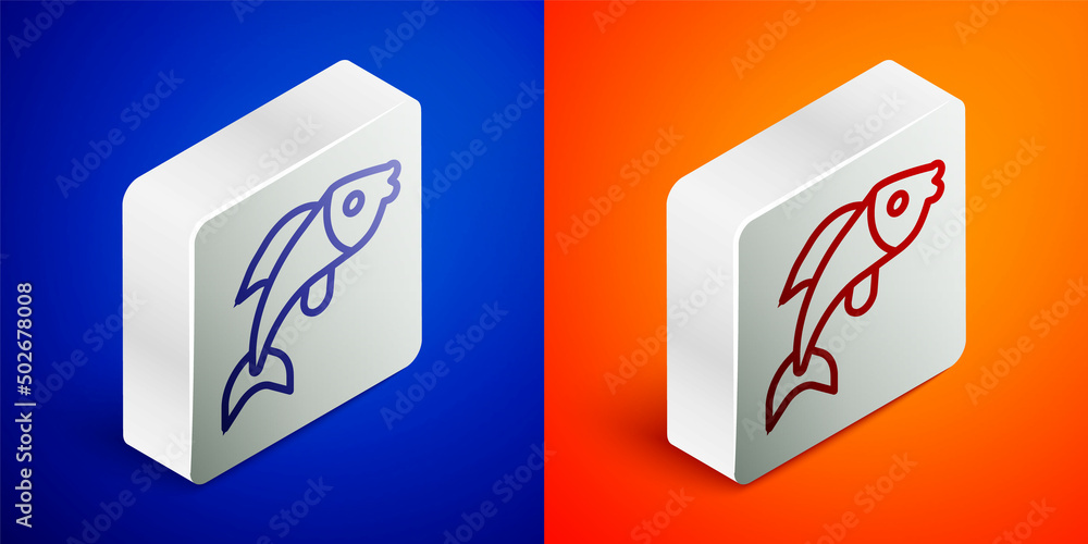 Isometric line Fish icon isolated on blue and orange background. Silver square button. Vector