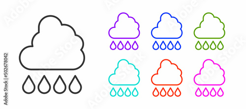 Black line Cloud with rain icon isolated on white background. Rain cloud precipitation with rain drops. Set icons colorful. Vector