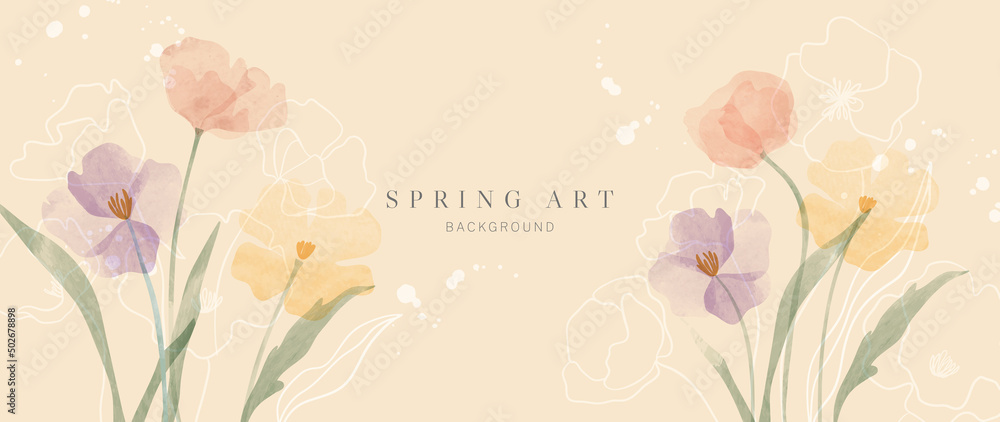 Abstract spring season floral Background. Warm tone blossom wallpaper  design with wild flowers, blooms and leaves. Line art and watercolor  texture perfect for banner, prints, wall art, decoration. Stock Vector |  Adobe