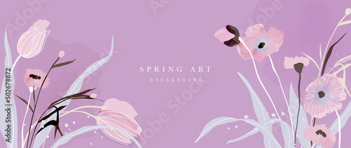 Abstract spring season floral Background. Warm tone blossom wallpaper design with wild flowers, blooms and leaves. Line art and watercolor texture perfect for banner, prints, wall art, decoration.