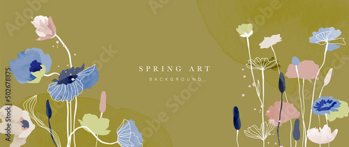 Abstract spring season floral Background. Warm tone blossom wallpaper design with wild flowers, blooms and leaves. Line art and watercolor texture perfect for banner, prints, wall art, decoration.