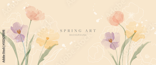 Abstract spring season floral Background. Warm tone blossom wallpaper design with wild flowers, blooms and leaves. Line art and watercolor texture perfect for banner, prints, wall art, decoration.