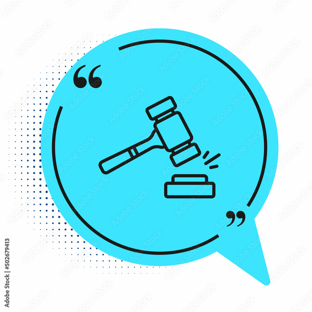 Black line Auction hammer icon isolated on white background. Gavel - hammer of judge or auctioneer. Bidding process, deal done. Auction bidding. Blue speech bubble symbol. Vector Black line Auction hammer icon isolated on white background. Gavel - hammer of judge or auctioneer. Bidding process, deal done. Auction bidding. Blue speech bubble symbol. Vector