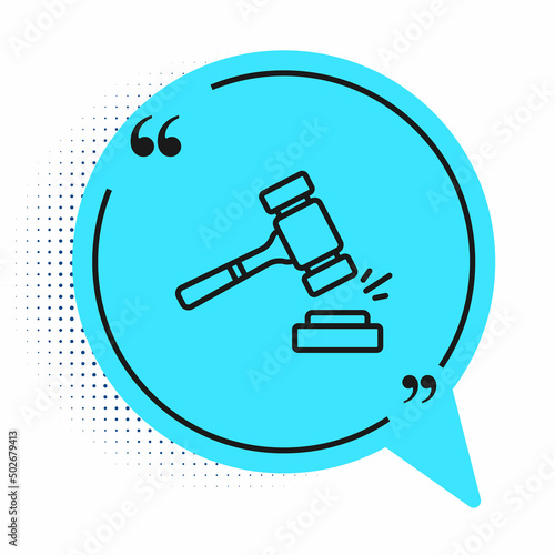 Black line Auction hammer icon isolated on white background. Gavel - hammer of judge or auctioneer. Bidding process, deal done. Auction bidding. Blue speech bubble symbol. Vector