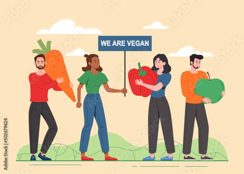 Vegan diet concept. Men and girls with fruits and vegetables. Vitamins nutrition, active lifestyle and health care. Sports and fitness, poster or banner for website. Cartoon flat vector illustration