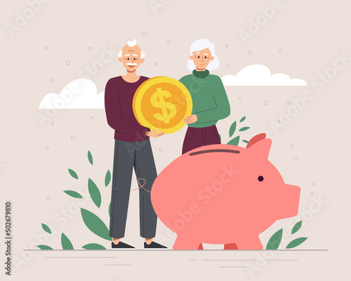 Pension fund savings. Elderly couple puts coins in piggy bank. Family budget and financial literacy, grandparents with dollar in hands. Senior characters retirement. Cartoon flat vector illustration