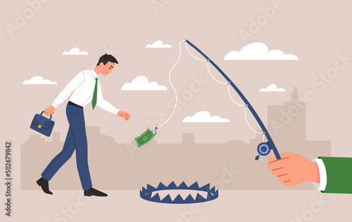 Money chase concept. Man with case catches banknote on fishing rod, falling into trap. Greed and financial illiteracy, mistakes and failures in business or investing. Cartoon flat vector illustration