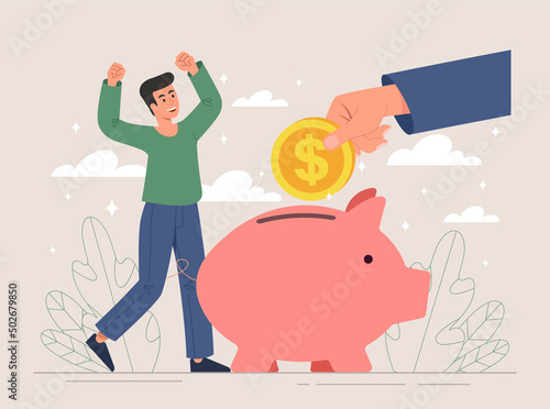 Man given coin. Big hand puts money in piggy bank. Metaphor of savings and financial literacy, passive income and salary. Increasing income and budget concept. Cartoon flat vector illustration