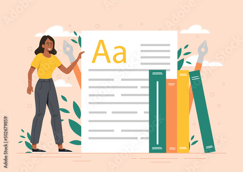 Concept of linguistic. Young girl on background of books and documents. Education and self development, library and love of literature. Learn rules of grammar. Cartoon flat vector illustration