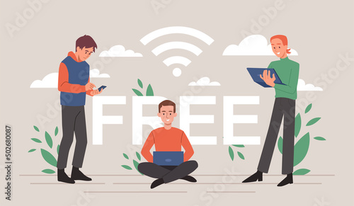 Free Wi Fi concept. Teenagers with tablet and laptop communicate on internet, modern zone. Digital technologies and innovations, social networks and messengers. Cartoon flat vector illustration
