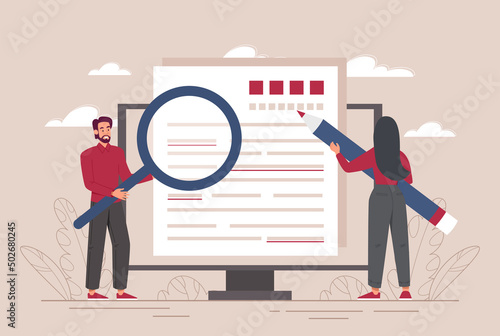 Concept of copywriter. Man with magnifying glass and girl with pencil edit article. Editors check content, promotion of companys websites on Internet, digital world. Cartoon flat vector illustration