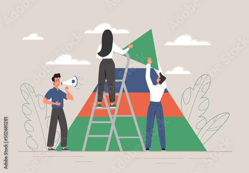 Building pyramid concept. Men and girls build triangle from objects. Metaphor of partnership and teamwork of creative characters. Coworking and freelance, co creation. Cartoon flat vector illustration