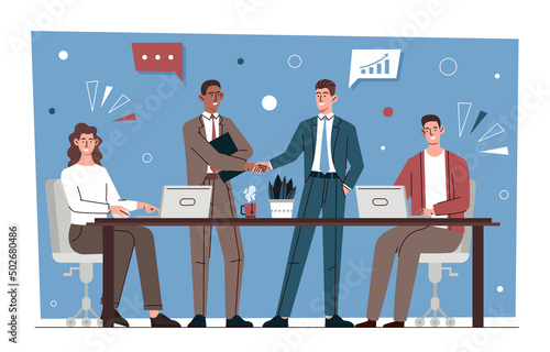 Team planning concept. Men and women in office discussing problems, development of company or organization. Business meeting of investors or board of directors. Cartoon flat vector illustration
