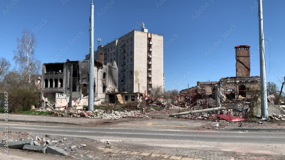 Chernihiv, Ukraine - 27.04.2022: Russian occupants destroyed private houses in the city of Chernihiv Chernihiv, Ukraine - 27.04.2022: Russian occupants destroyed private houses in the city of Chernihiv
