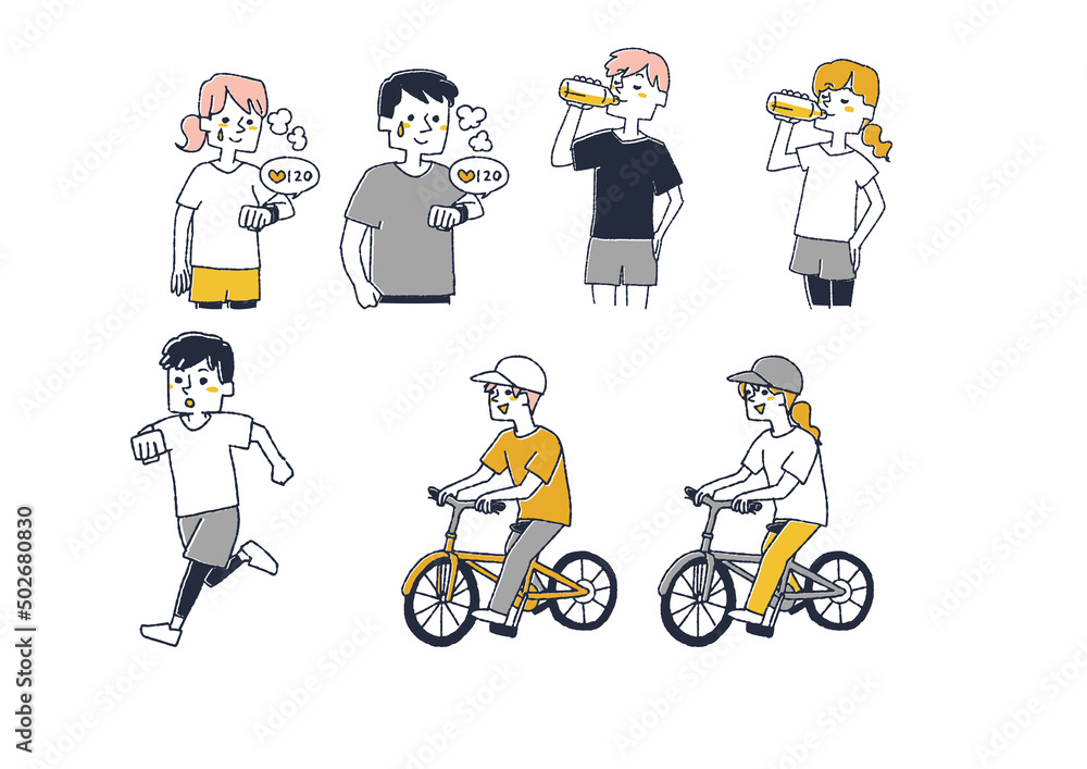 スポーツを楽しむ人々のセット　コミカルな手書きの人物　ベクター、線画にカラー