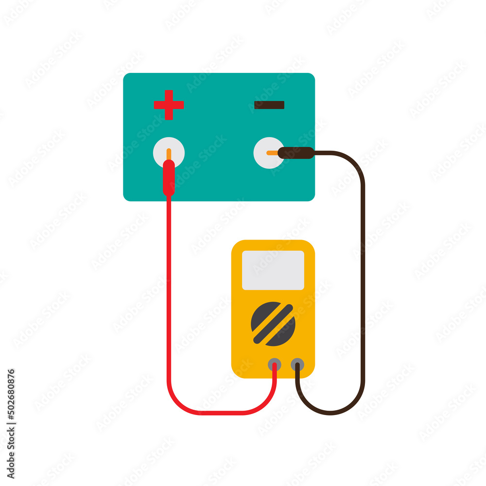 Car battery testing with multimeter, accumulator and voltmeter icon