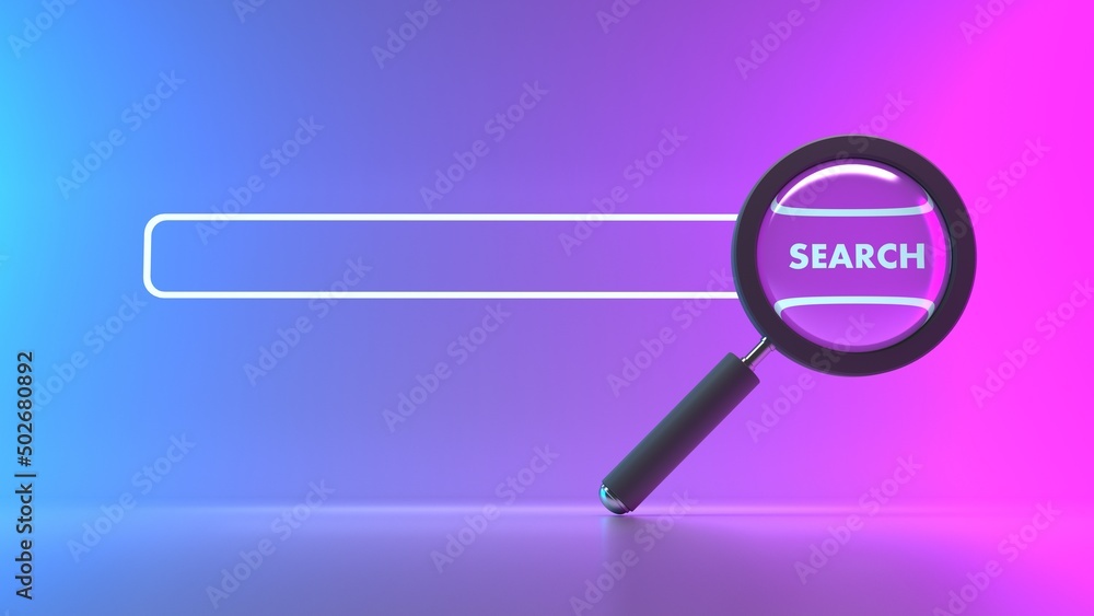 magnifying glass isolated on blue-pink background with empty space. 3D render High resolution magnifying glass isolated on blue-pink background with empty space. 3D render High resolution