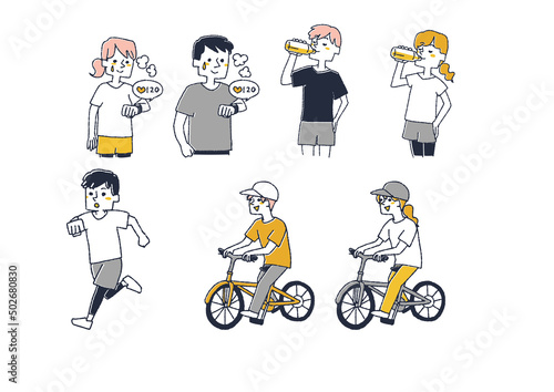 スポーツを楽しむ人々のセット　コミカルな手書きの人物　ベクター、線画にカラー