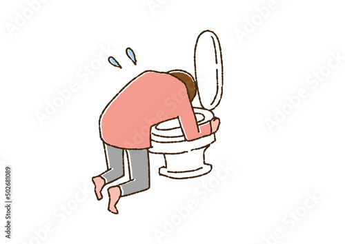 トイレの便器に吐いている女性　コミカルな手書きの人物　ベクター、線画にカラー