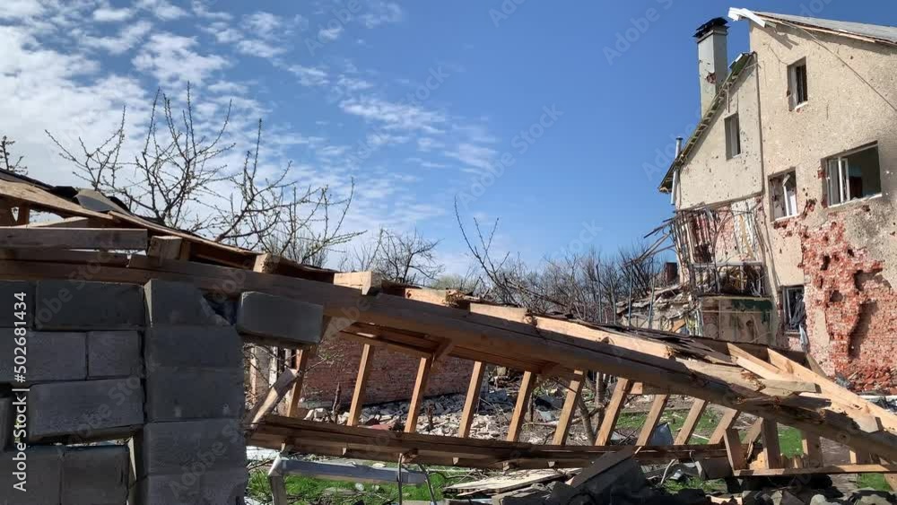 Chernihiv, Ukraine - 27.04.2022: Russian occupants destroyed private houses in the city of Chernihiv Chernihiv, Ukraine - 27.04.2022: Russian occupants destroyed private houses in the city of Chernihiv