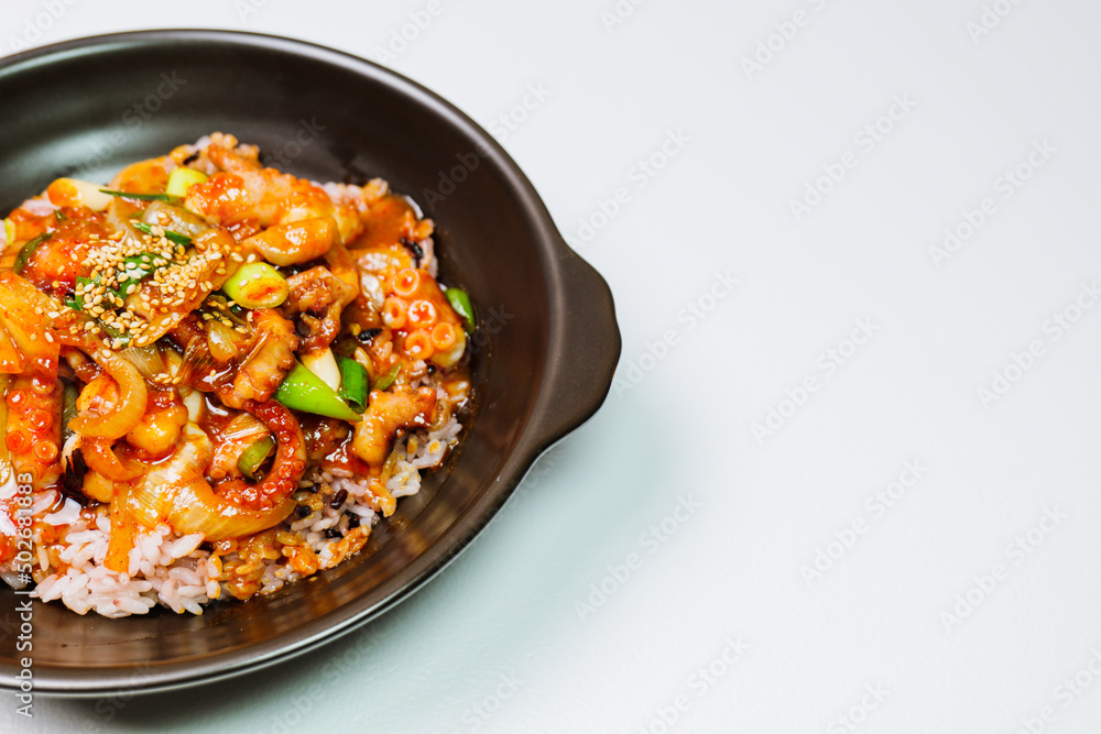 Nakjideopbap, Korean style spicy stir-fried octopus over rice : This dish is made by stir-frying sliced onion and carrots along with sauce over high heat in an oiled pan. Bite-sized pieces of octopus 