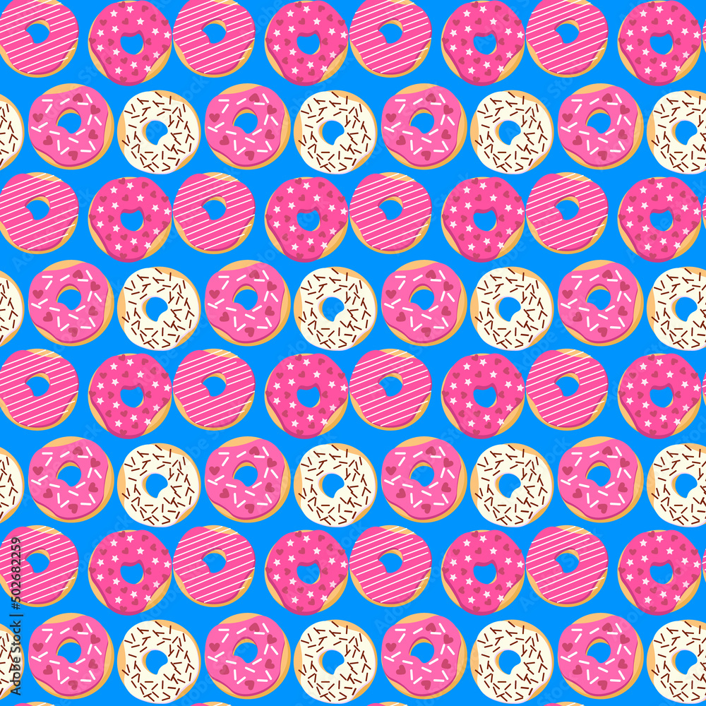 Pattern with sweet donuts. Vector illustration on a colored background. For menus, cafes, flyers, prints and packaging, shops and markets. Pattern with sweet donuts. Vector illustration on a colored background. For menus, cafes, flyers, prints and packaging, shops and markets.