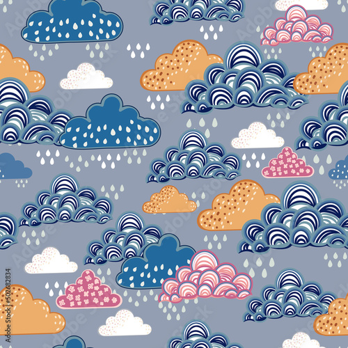 Cute vector vintage seamless pattern with clouds in rustic style