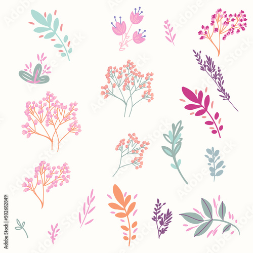 Collection of vector retro florals in rustic style