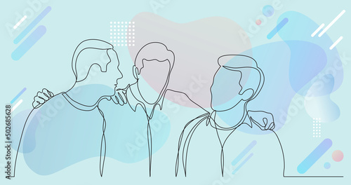 company of men friends hugging and talking - one line drawing