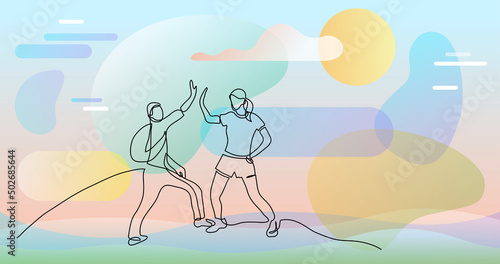 continuous line drawing of two cheerful young campers giving high five