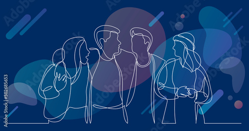 four close friends walking together - one line drawing