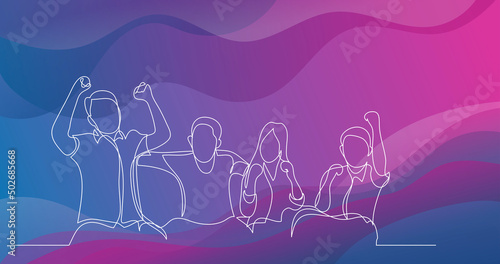 group of cheering happy friends having fun on sofa - one line drawing