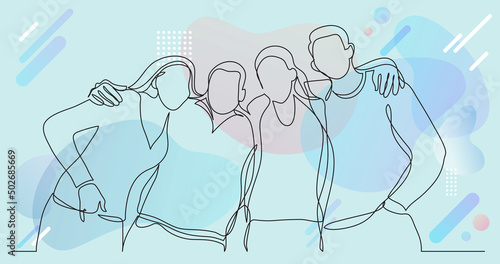 group of college friends standing together posing - one line drawing