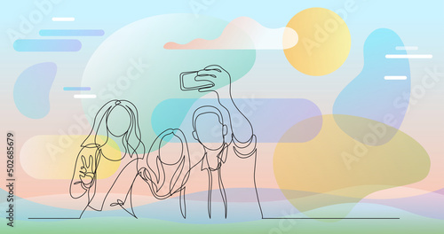 group of happy young friends making selfie - one line drawing
