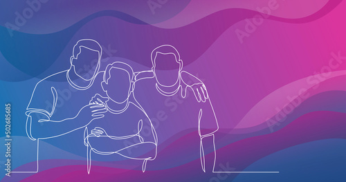 group of male athletes standing together - one line drawing