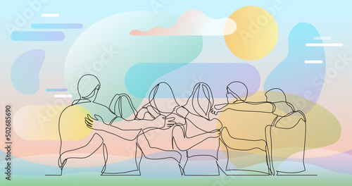 group of men and women standing together showing their friendship - one line drawing