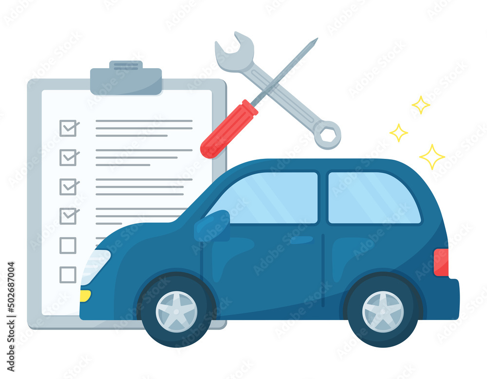 自動車の点検をするイラスト. 整備工場で修理やメンテナンスをする. 車と工具とチェックリスト.