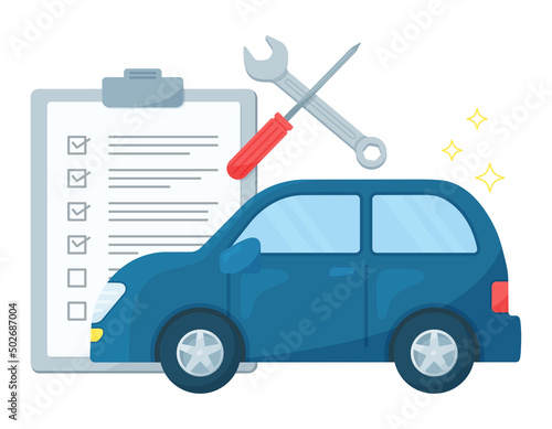 Obraz na płótnie 自動車の点検をするイラスト. 整備工場で修理やメンテナンスをする. 車と工具とチェックリスト. w salonie
