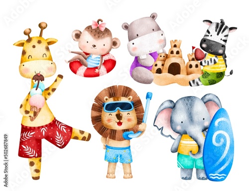 Photography Watercolor set of Safari animals in summer holiday